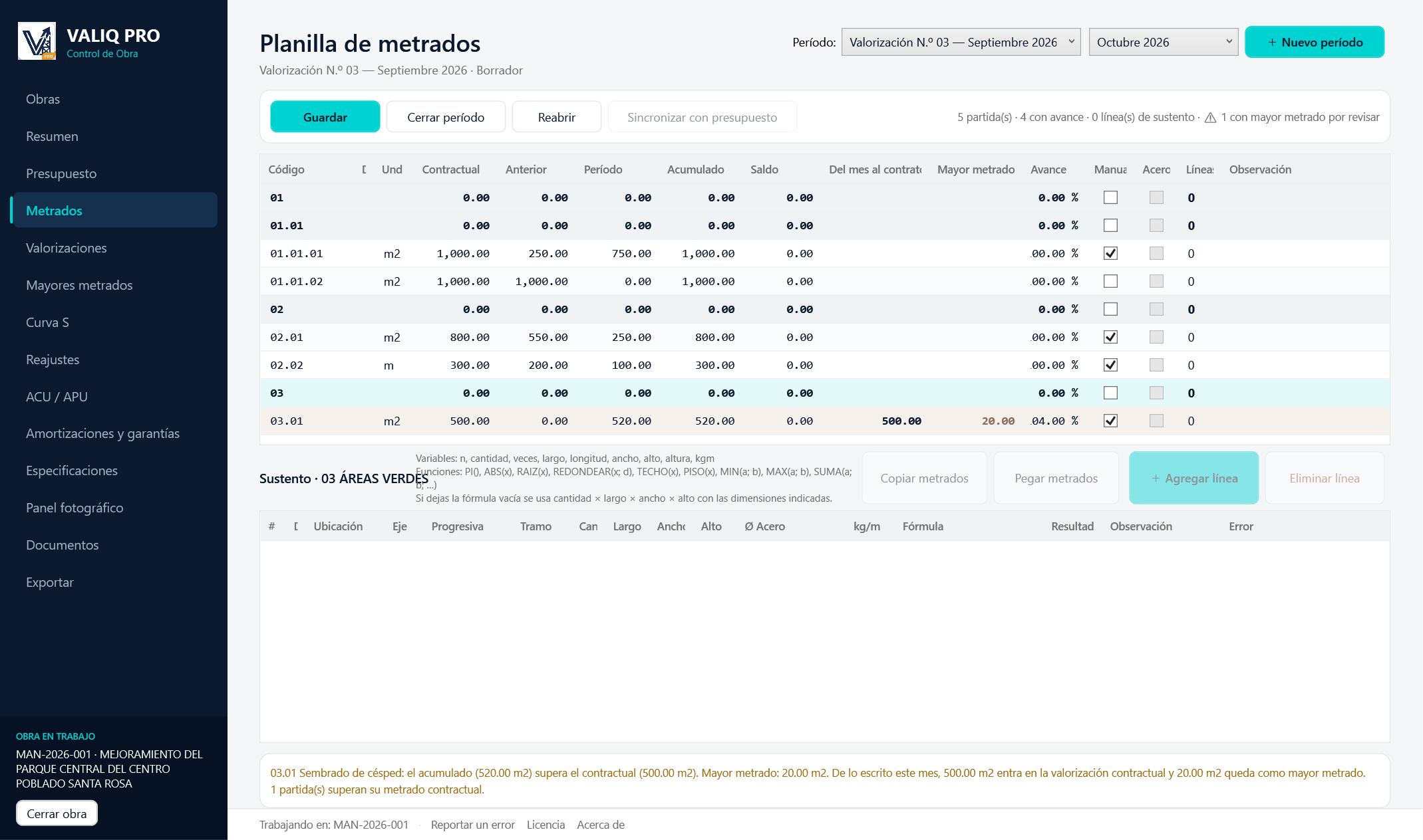 Planilla de metrados de VALIQ con avance contractual, del período, acumulado y sustento de cálculo por partida